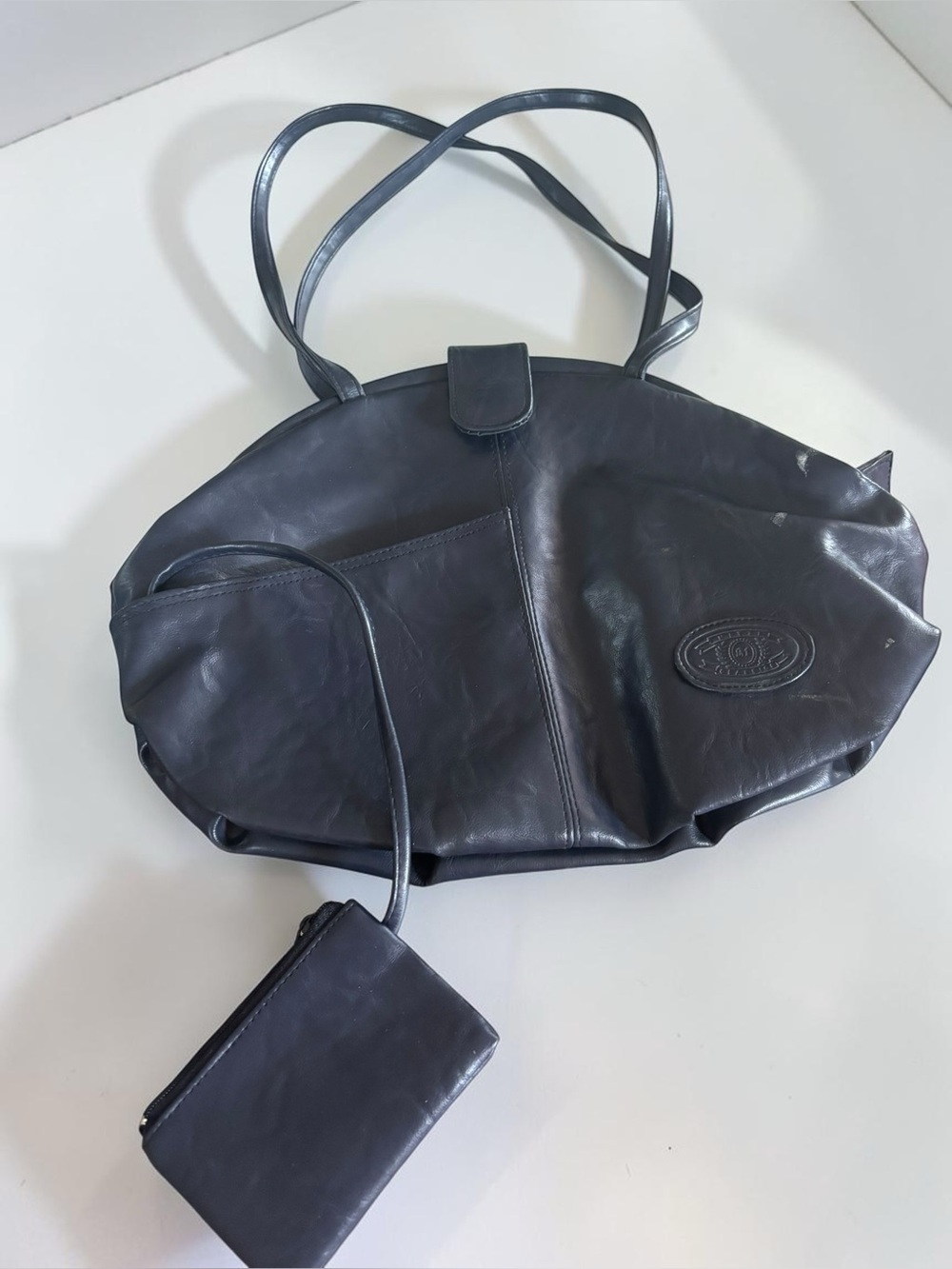 Vintage Calego Navy Leather Shoulder Bag Matching Wallet Purse